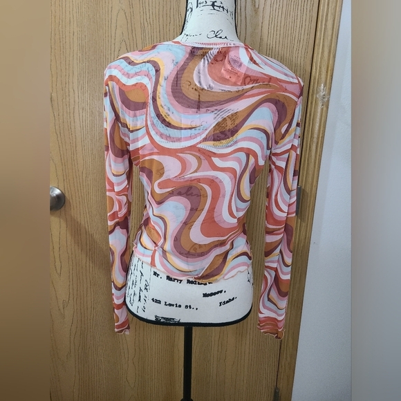 NWT La La Land Buckle Groovy Swirl Print Y2k Style Lettuce Trim Mesh Crop Top - Picture 2 of 3